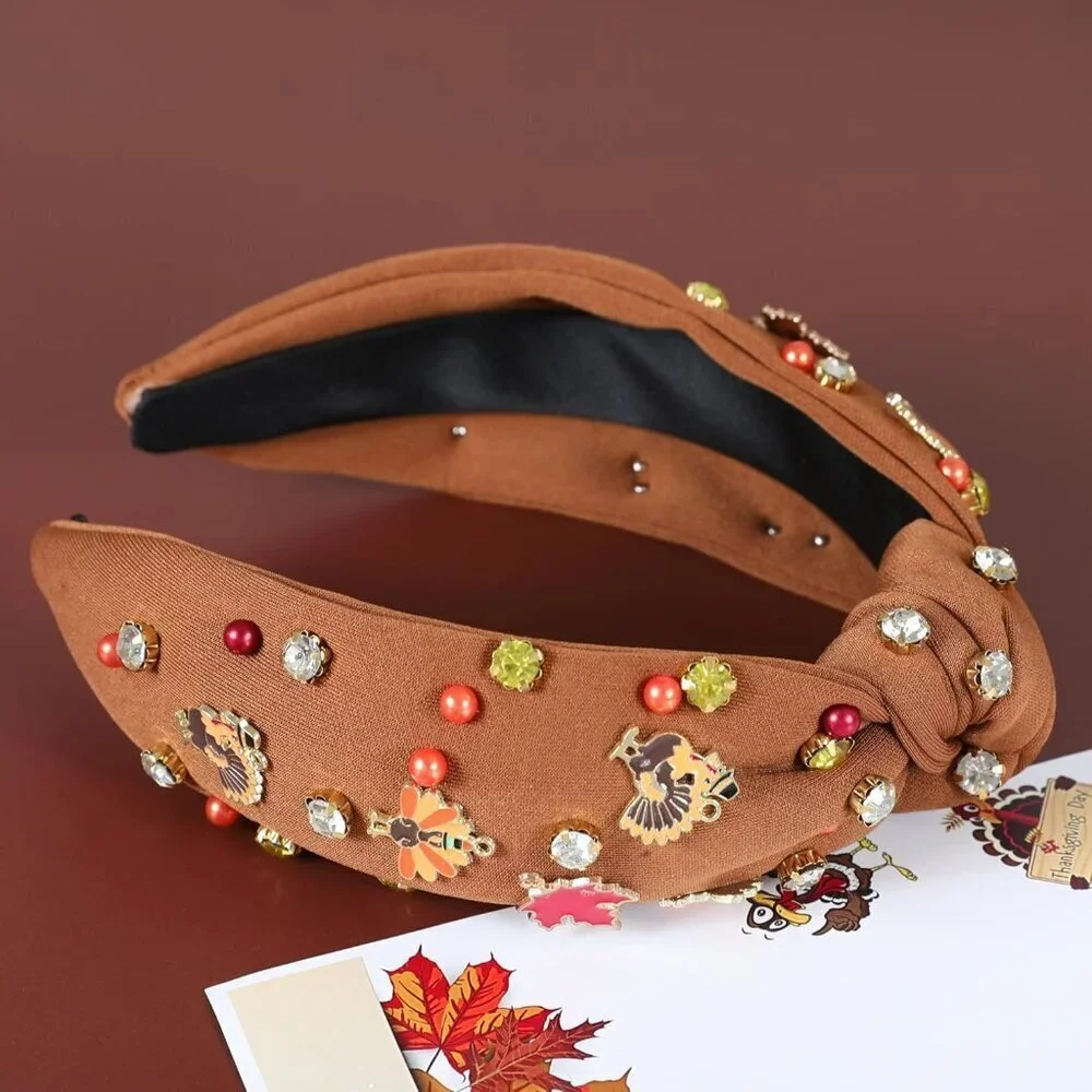 Thanksgiving Turkey Headband Women Fall Festive Rhinestone Beaded Hair Accessory